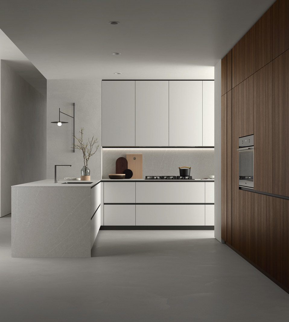 white kitchen cabinets by Emptystudio